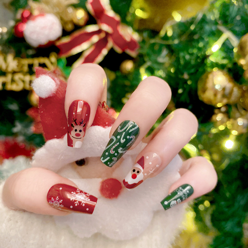 New Christmas Fake Nails Carto - Nail Art Burgundy 评论和价格