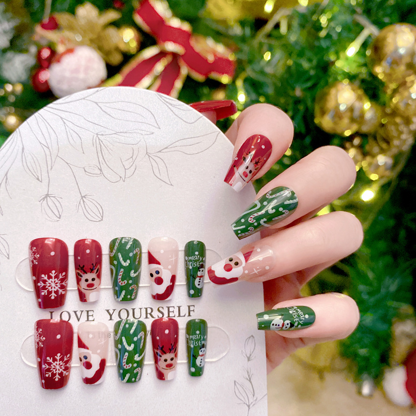 New Christmas Fake Nails Carto - Nail Art Burgundy 评论和价格