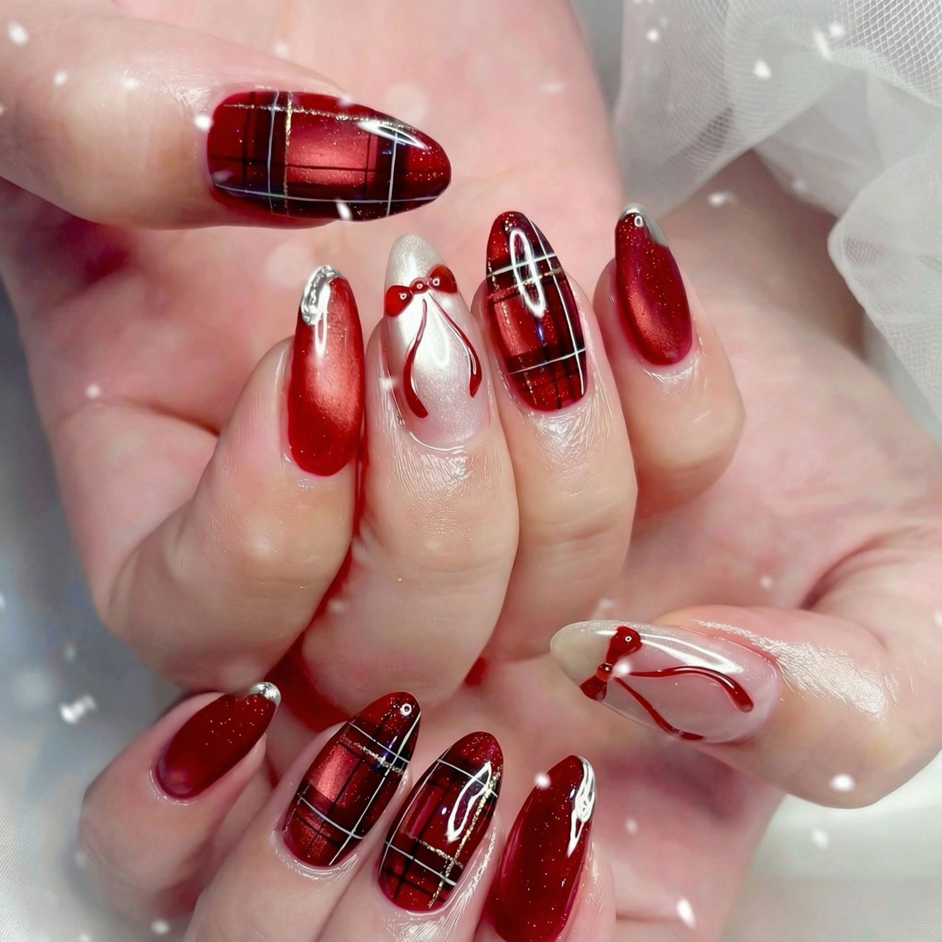 24PCS Red 3D Bow Cat Eye False - Nail Art Valentines Day 评论和价格