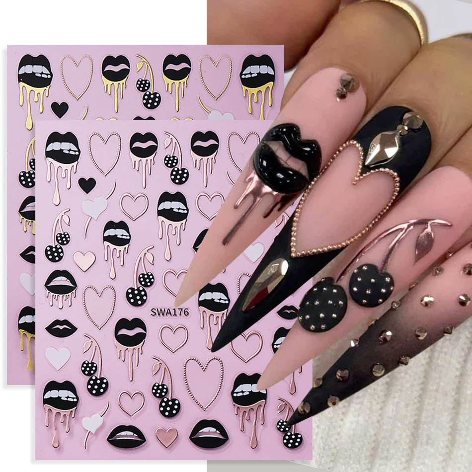 2pcs Black Lips Love Heart Nai - Nail Art Valentines Day 评论和价格