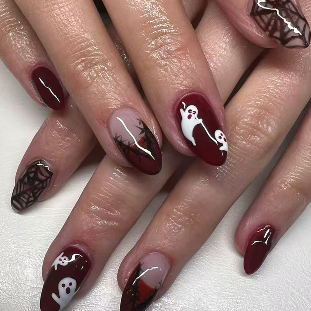 24Pcs Halloween Press On Nails - Nail Art Burgundy 评论和价格