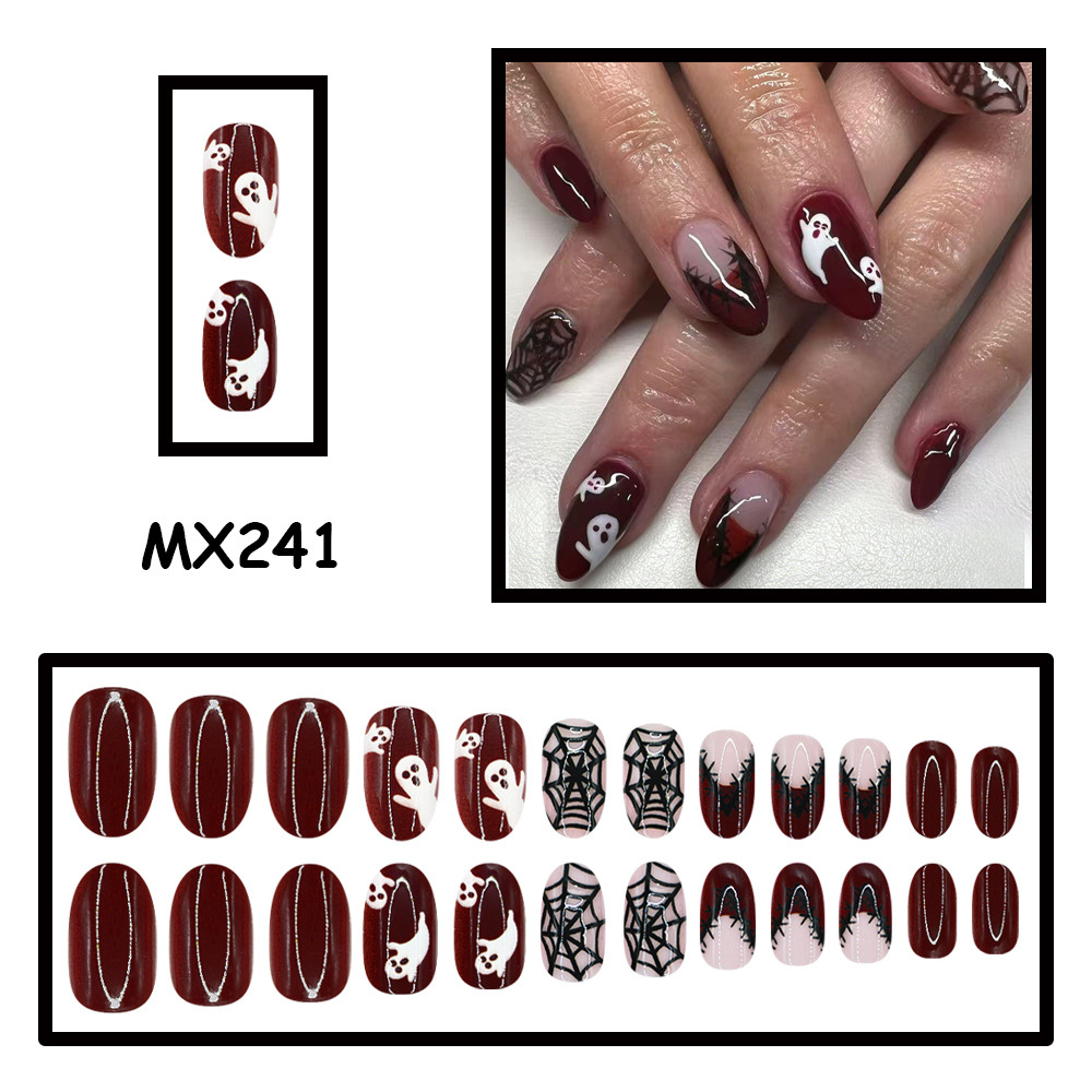 24Pcs Halloween Press On Nails - Nail Art Burgundy 评论和价格