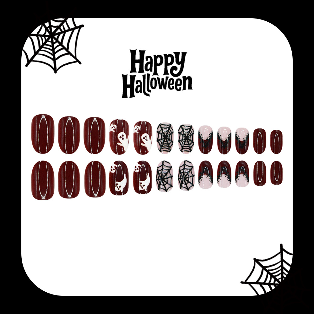 24Pcs Halloween Press On Nails - Nail Art Burgundy 评论和价格